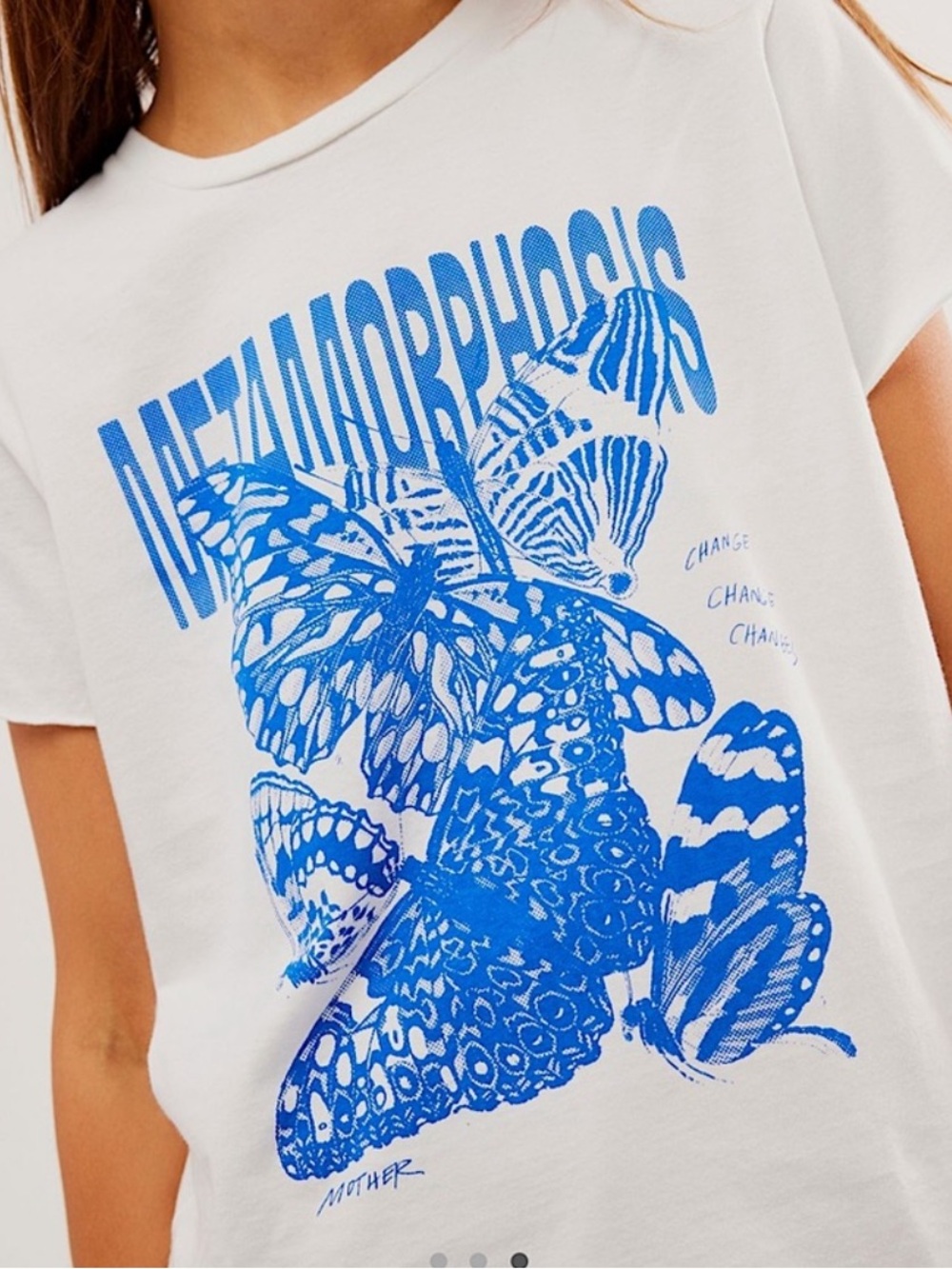 **ISO** MOTHER White Short Sleeve Tee with Blue Butterfly Graphic